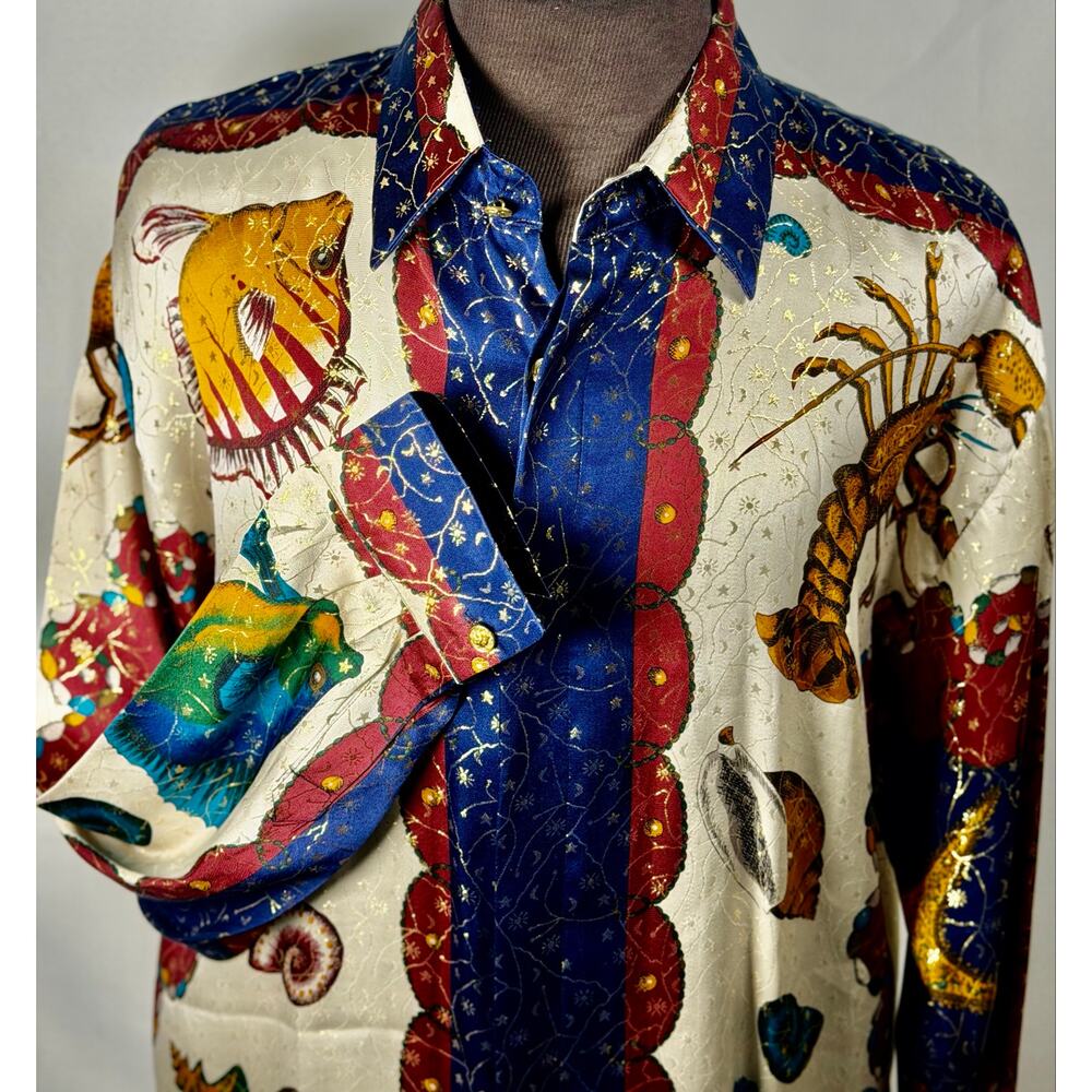 BRAVO Metallic Silk Men's Shirt XL Nautical Baroque Gold Button Statement luxury